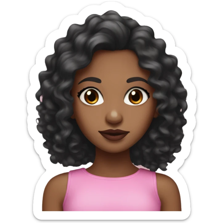 Brown Girl with curly black long hair and black eyes with pink lipstick and eyeliner sticker