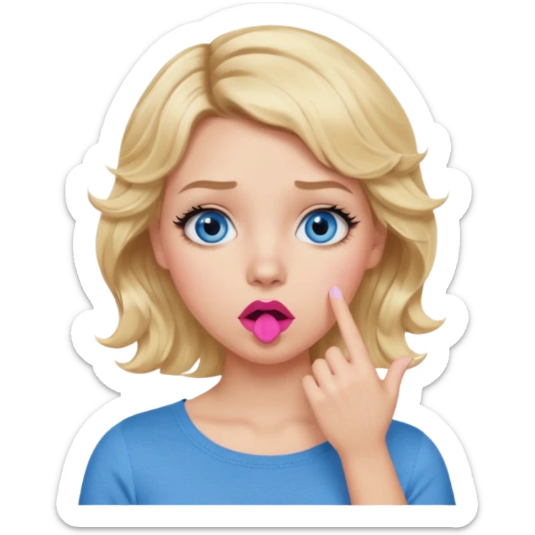Girl Blonde short wavy hair,  blue eyes, cute blue top, long lashes, pink lips, shocked, hand over the mouth sticker