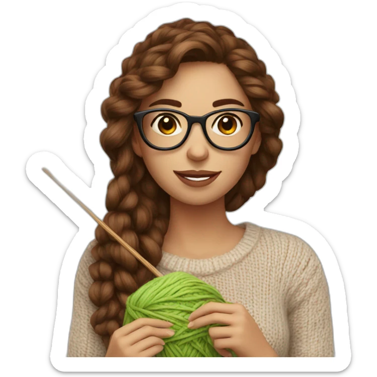 young woman brown hair and glasses holding knitting yarn in her hand sticker