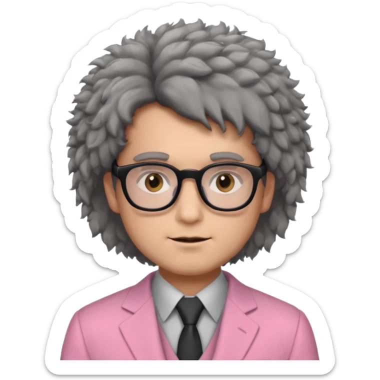 a man with fluffy hair, a small face, brown eyes, black glasses, wearing a pink and grey suit  sticker