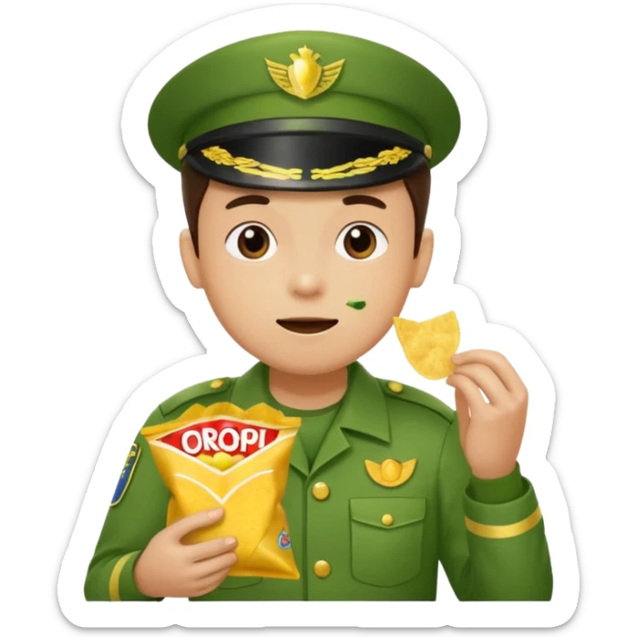 supermarket collegue wearing a green uniform and eating a packet of crisps sticker