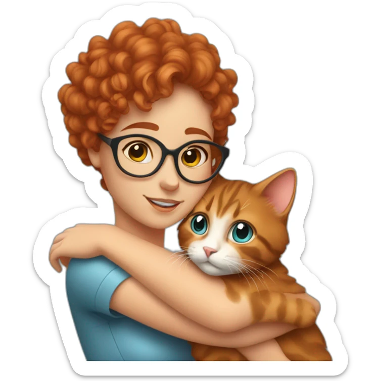 a pretty girl with curly copper hair and blue glasses hugging a cat sticker