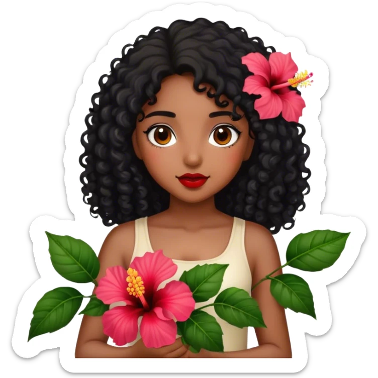 Girl with brown skin with black curly hair holding hibiscus flowers sticker