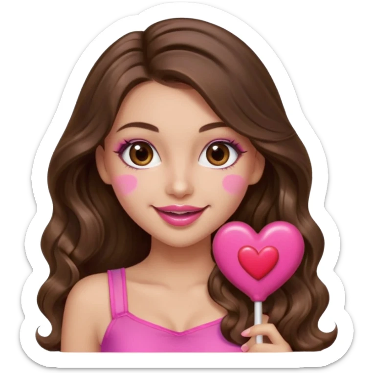 girl with long wavy brown hair, brown eyes, long lashes makeup, sexy pink lips, light to medium complexion, wearing a pink sexy top,, heart lillipop sticker