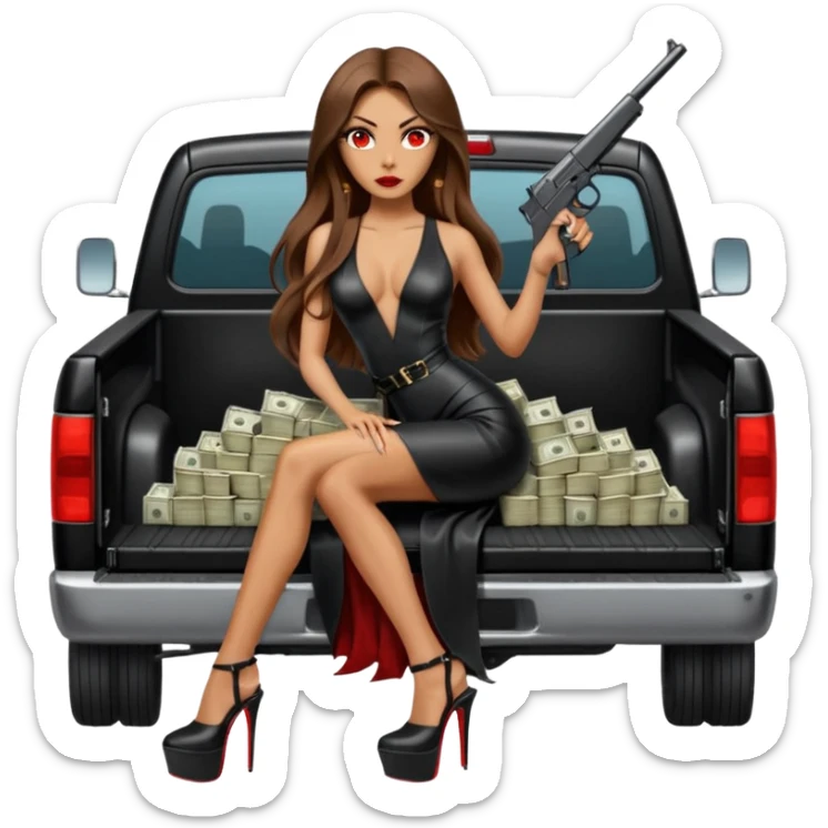 Lilith symbol red eye seductress evil long brown haired sexy succubus woman with leather long dress with slit, sitting in Big Large F350 pickup truck. Black Platform high heels on feet. Back of truck full of stacks of cash, sitting behind her is  a human skull with a gun in other hand sticker