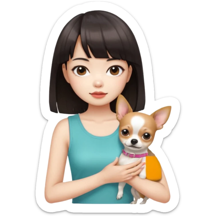 a pretty Asian girl, with hair bangs, pale skin, with manicure holding a chihuahua in her, with the attuidute of whatever" sticker