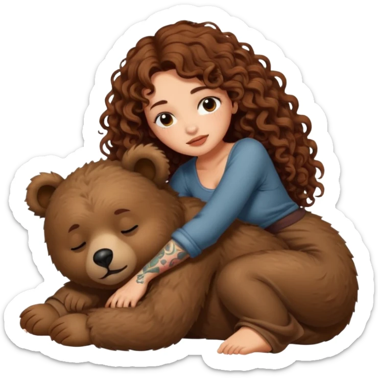 cute woman long curly brown hair tattoos riding sleepy bear sticker