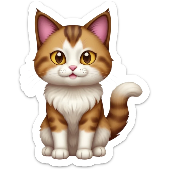 cinematic-[showshoe cat]-realistic-full-body-sitting-emoji,-tail-curled-playfully-around-its-paws,-head-tilted-dramatically,-fluffy-[brown and white]-fur,-simplified-yet-realistic-focused-features,-highly-detailed,-glowing-with-an-almost-sarcastic-glow sticker