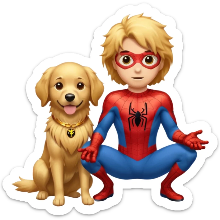 Spider-Man and his full spider outfit with the golden retriever with a golden sticker