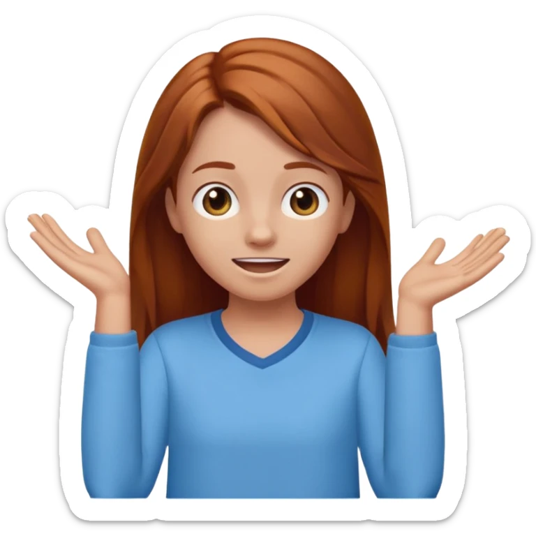 shrugging happy emoji tween long auburn hair light blue shirt with a darker blue L sticker