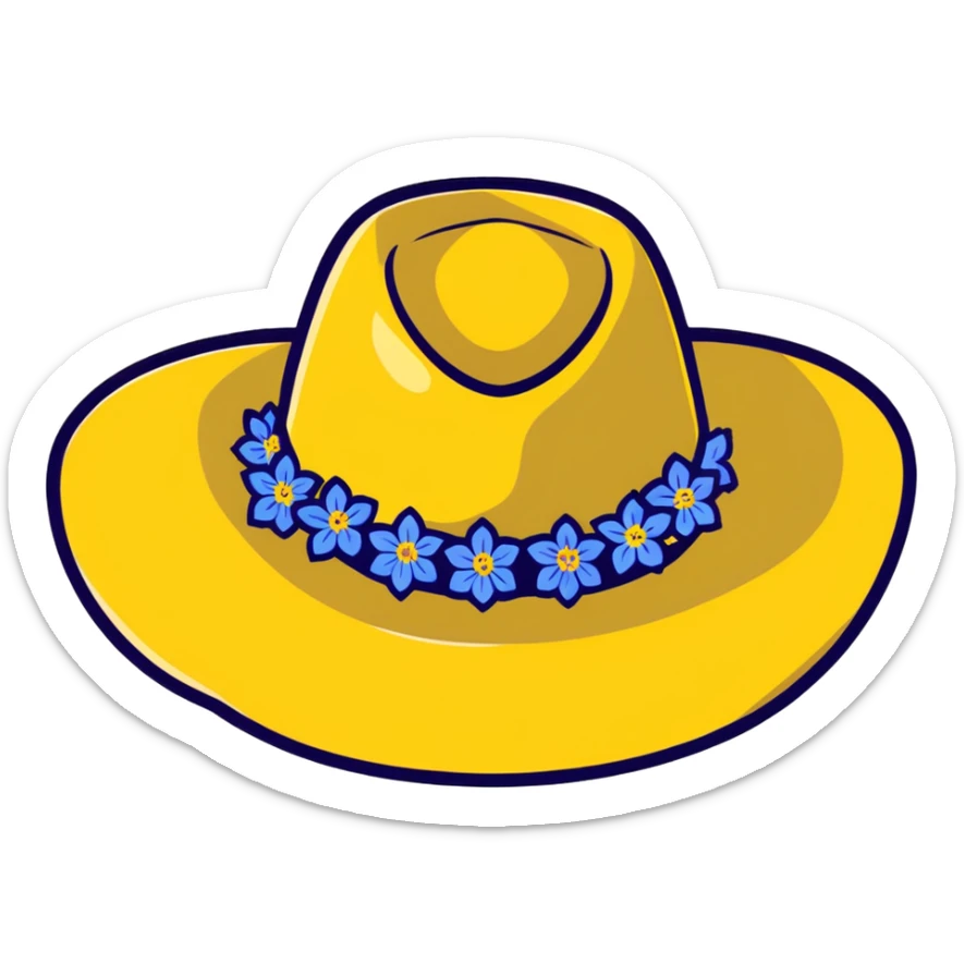 Cowgirl hat with blue and yellow wildflowers, straw cowboy hat sticker