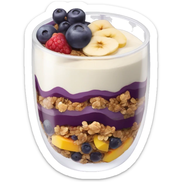 Açaí in a clear cup with layers of fruits and granola and condensed milk sticker