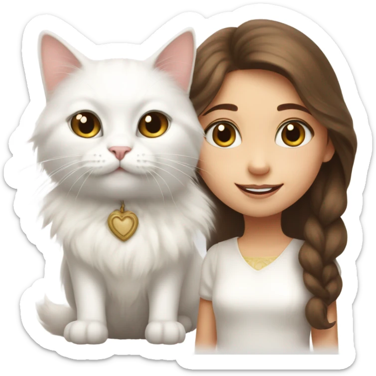 white cat with girl brown hair and white dress sticker