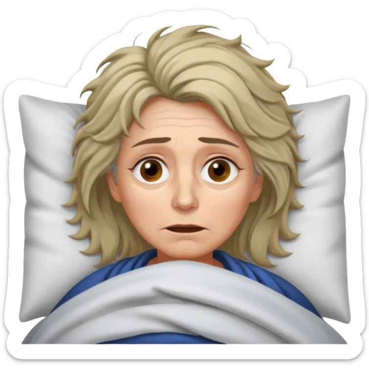 A 55-year-old woman lying in bed at night, unable to sleep. She looks exhausted and desperate, with visible dark circles under her eyes, tired facial expression, slightly messy hair. She is under the blankets, staring at the ceiling.  sticker
