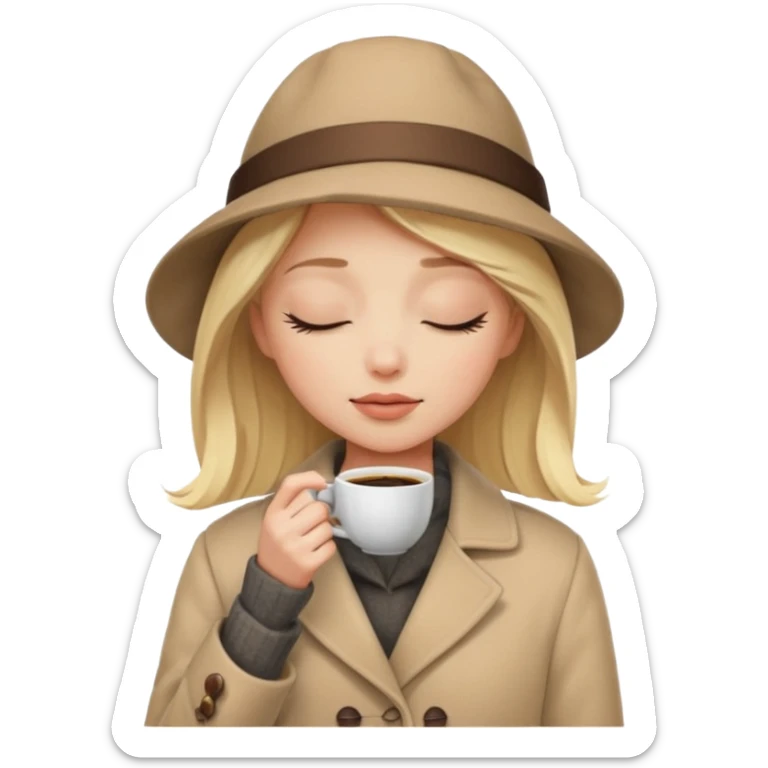 Blonde girl with white skin and eyes closed, wearing a clod ge coat's hat who smells the coffee in her hand  sticker