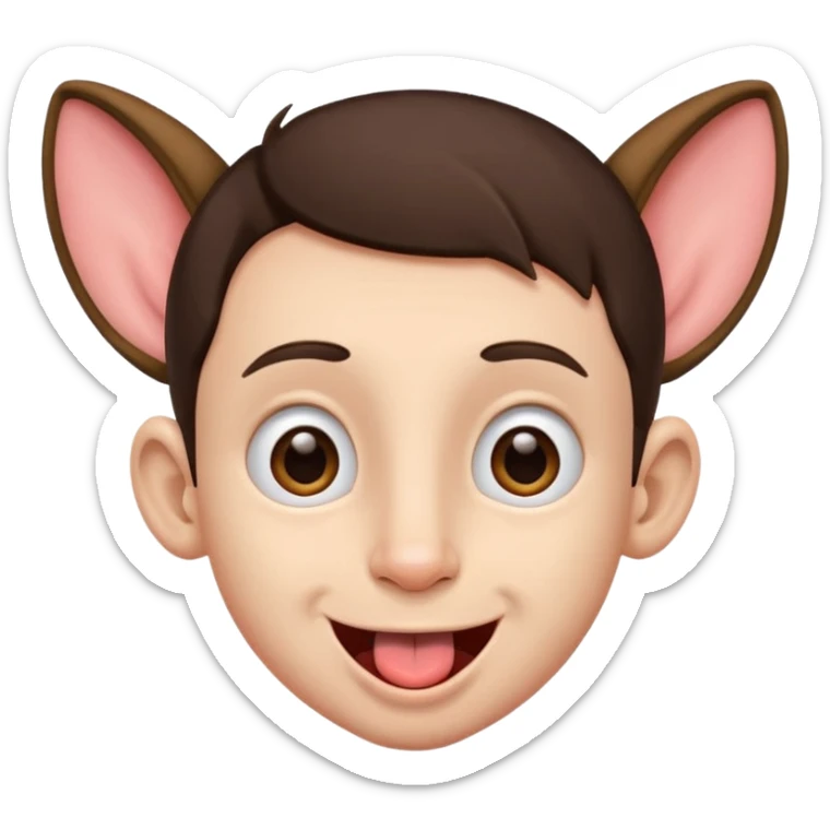 a brunette boy with small eyes with big human ears and with his tongue out sticker