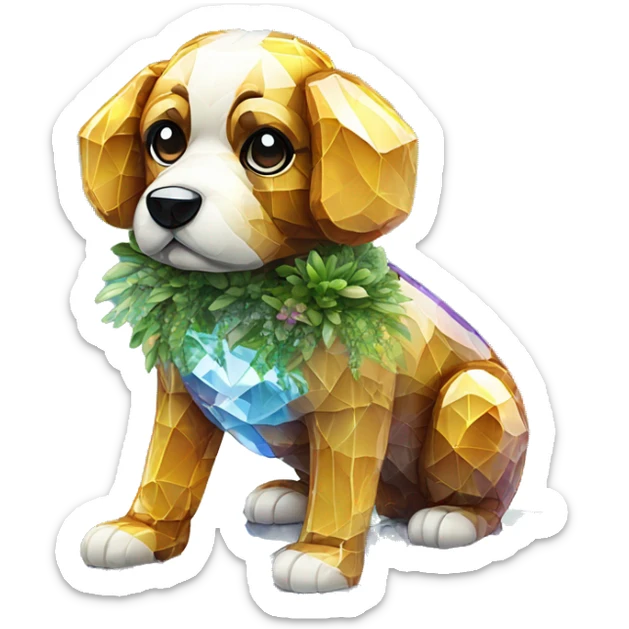 A dog made entirely of glass mirror crystals prisms glass transparent filled with plants as a terrarium sticker