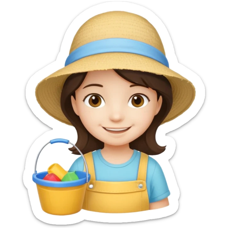 brunet kid girl with toy sand bucket wear sun hat sticker