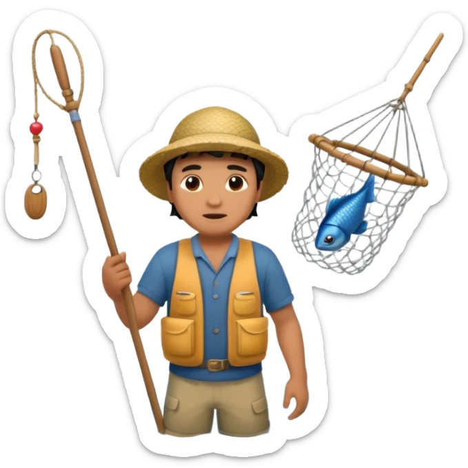 A Polynesian fisherman standing in the water with a net full of fish. The fisherman has empty hands and is standing in the water. sticker