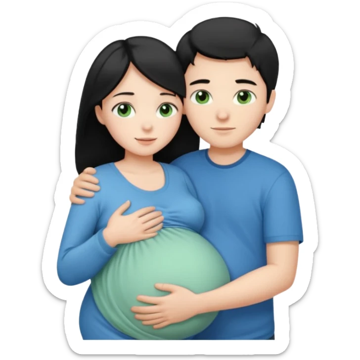 Make a couple hugging the girl is white with long black hair with blue eyes. The girl is hugging a boy with light brown short hair with green eyes. The boz is pregnant  sticker