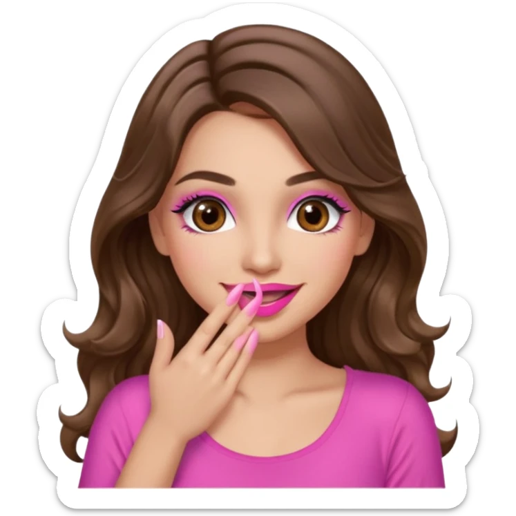 girl with long wavy brown hair, brown eyes, long lashes makeup, sexy pink lips, light to medium complexion, pink sexy top, smiling, hand covering  sticker