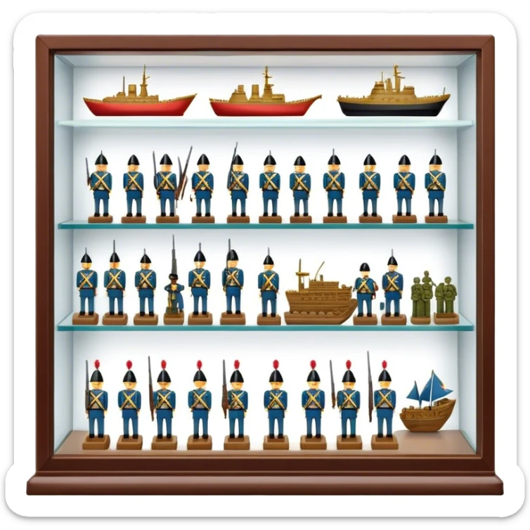 Icon for Miniature Collecting: a collection of finely detailed miniature items such as tiny colorful army of soldiers, ships and accessories, neatly displayed on a shelf or in a display case. The icon should convey the intricacy and charm of collecting miniature objects. Transparent background. sticker