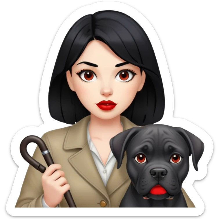 Fashionable girl with black hair and red lips with a Cane Corso dog sticker
