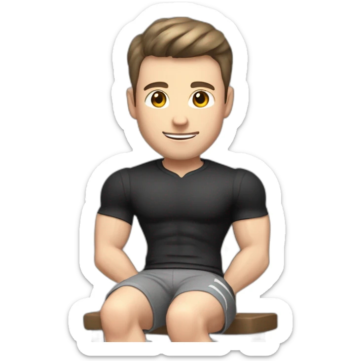 Pale skinned Fit Man With the biceps and dark brown hair in black shirt, gray sports shorts and white Sneakers Sitting on a chair sticker