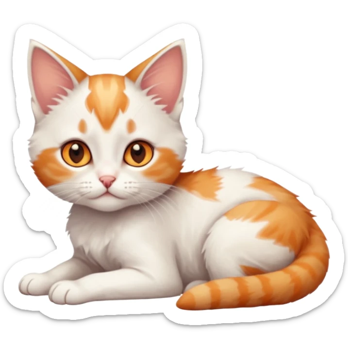 full body of very small + skinny ginger and white kitten with deep orange eyes and triangular shaped face lying down with bent front paws sticker