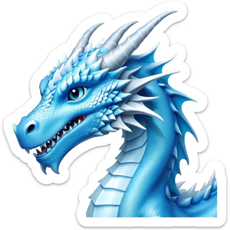 Cinematic Noble elegant Ice Dragon Portrait Emoji, Poised and imposing, distinct long elegant snout, with a slender, scaled body shimmering in glacial hues of icy blue, frostbitten silver, and crystalline white, breathing out frost, with piercing, glowing ice blue white eyes that radiate the chilling depths of an arctic storm; rendered in detail. sticker