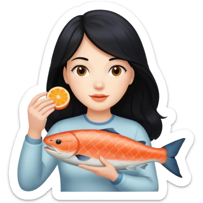 White lady with long black hair and a round face holding a salmon  sticker