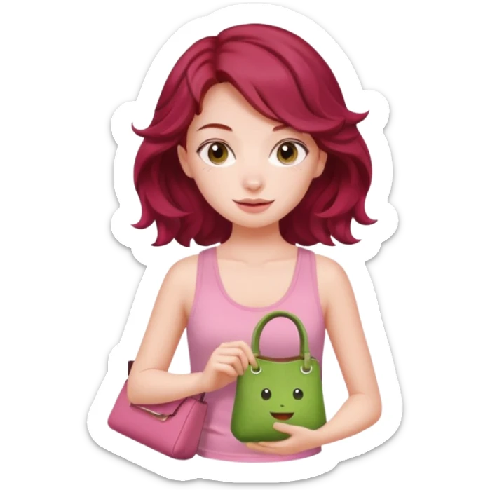 a pretty fair bratz girl with wavy dark red hair, wearing a pink tank top , carrying a matcha and a pink bag sticker