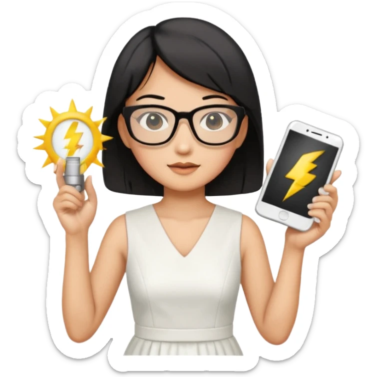 asian teacher with a white dress holding a flash with retangle glasses and black short hand  sticker