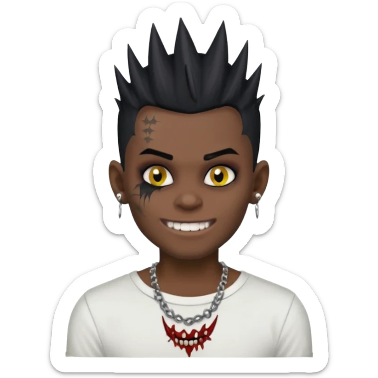 zombie boy with spiky emo black hair and white shirt , tattos, a risk on the eyebrow, earings,  a necklace emoji, with grills in his mouth and he’s smiling, change skin color to darkskin sticker