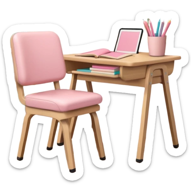 Student library table with pastel pink stationery, beige tote bag on the chair sticker
