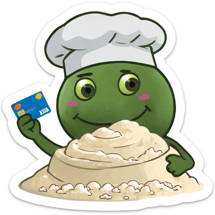 Happy emoji with credit card in hand and a pile of flour sticker
