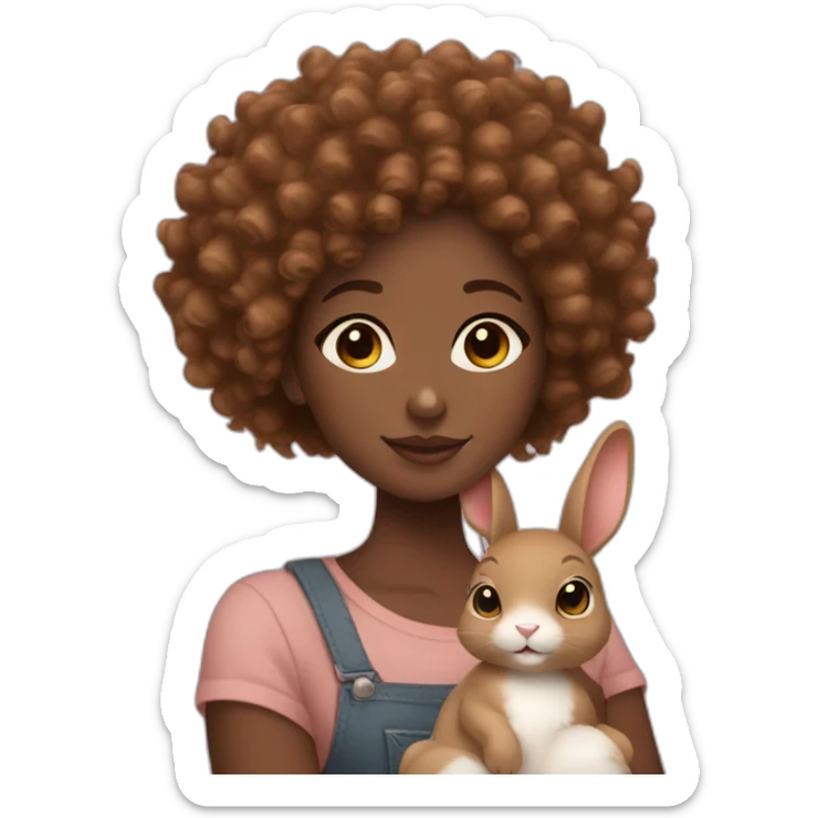 black woman with sparkly brown curly hair holding cute floppy eared light brown bunny sticker