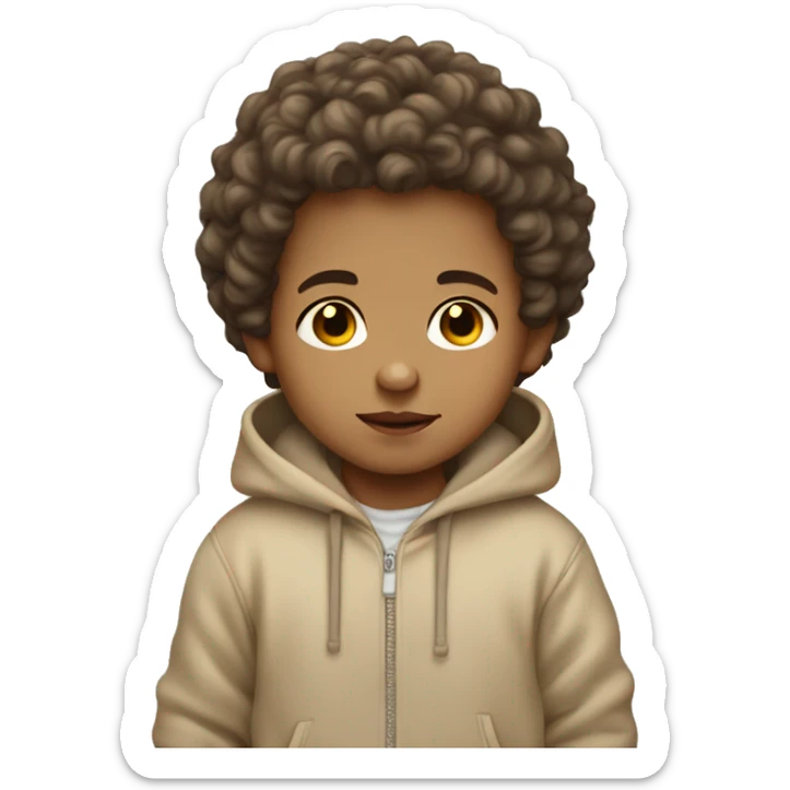 A light skin baby boy with a beige hoodie a tiny curly hair sticker