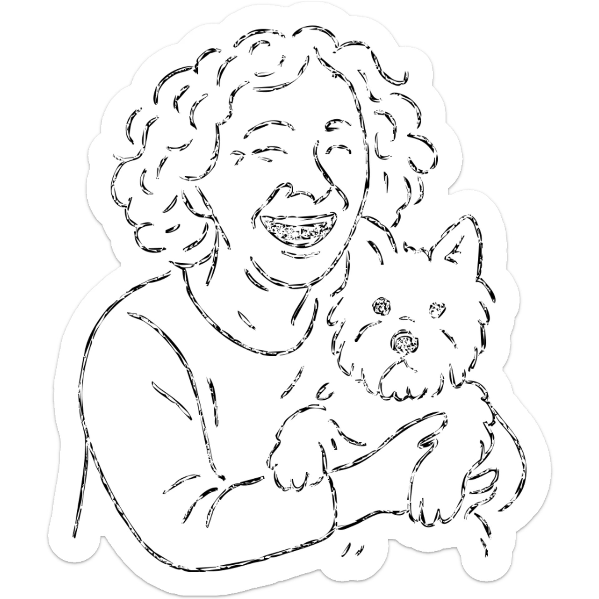 50-year-old woman with silver curly hair, laughing, holding a Westie dog, hand drawn outlined icon sticker