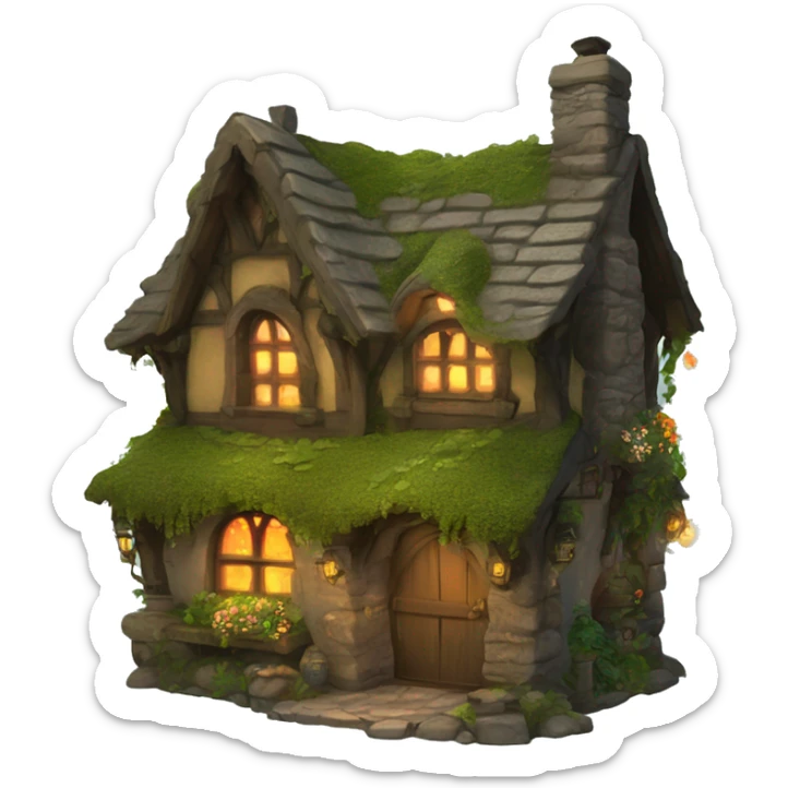 A cozy fantasy cottage made of stone and wood, covered in moss, vines, and flowers. The windows are aglow with firelight. sticker