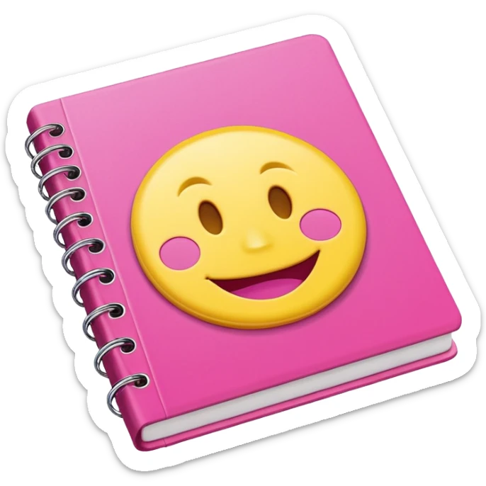 libreta de anillos rosada en perspectiva isometrica con sticker de carita feliz amarilla, con aspecto de emoji de apple sticker