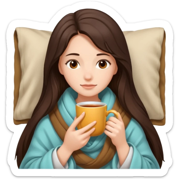 brunnette girl with long hair snuggled up in a blanket and holding a hot tea in her hands sticker