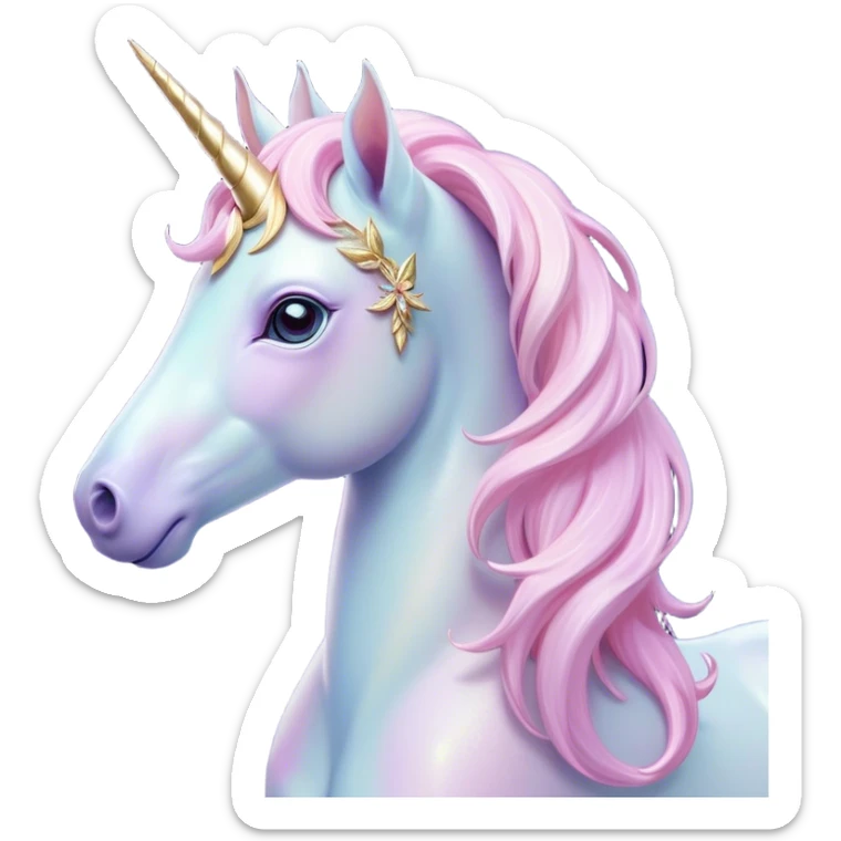 Cinematic Noble Unicorn Pony Portrait Emoji, Poised and graceful, with a delicate, miniature equine build adorned with a soft, pastel color, a tiny, shimmering horn and a silky mane that hints at magical charm, Simplified yet sharp and sophisticated features, highly detailed, glowing with a soft, enchanted glow, high shine, intelligent and spirited, stylized with an air of fairy-tale elegance, focused and poised, soft glowing outline, capturing the essence of a watchful and confident unicorn pony that appears ready to trot out of the screen with graceful magic! sticker