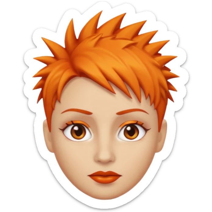 A person emoji with light skin, short spiky orange hair swept to one side, matching orange eyebrows, brown eyes, an oval-shaped face, a small nose, and dark lipstick. sticker