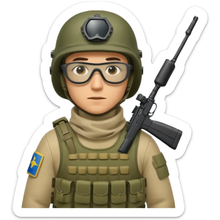 Ukrainian Intelligance agency warrior man in platecarrier with nato riffle in helmet, balaclava, poncho and ballistic glasses sticker