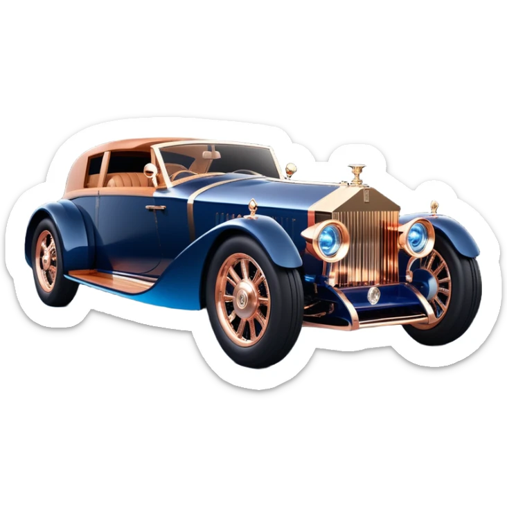 dark blue led lights on a hot rodded delicately inlaid rose gold and wood accentuated sporty 1889 Rolls Royce with futuristic electric spaceship plasma neon ic motors and dynamos with wide racing wheels that are held strong by advanced suspension and steering sticker
