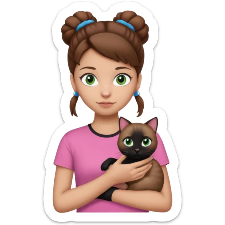 girl emoji with blue eyes, light skin, brown hair in a bun, wearing a pink t-shirt, holding a black cat with green eyes sticker