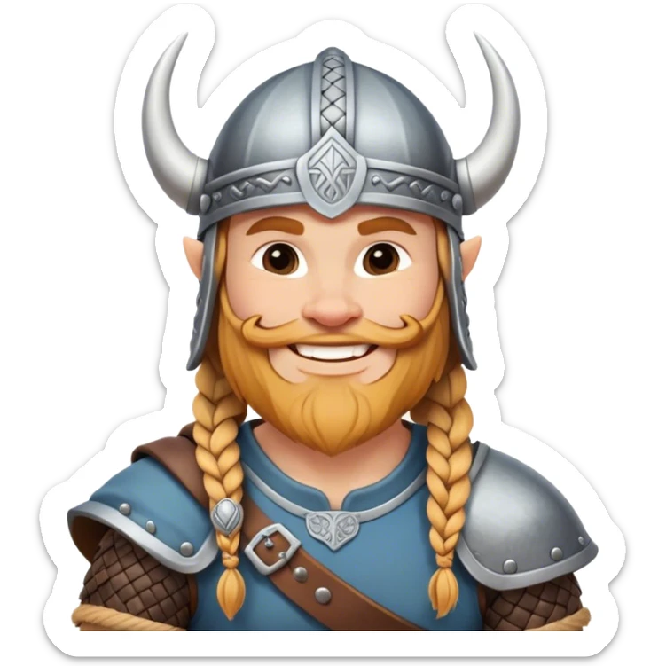 Clash of Clans aesthetic: Cinematic Cheerful Viking Portrait Emoji, With a bright, confident smile and a relaxed, adventurous stance, showcasing a stylized, spirited build with a classic Viking helmet and braided hair, his natural skin tone lending authenticity, Simplified yet expressive features, highly detailed, glowing with a soft, golden Nordic radiance, high shine, upbeat and courageous, stylized with an air of classic Viking heroism, soft glowing outline, capturing the essence of a cheerful Viking ready to embark on legendary quests! sticker