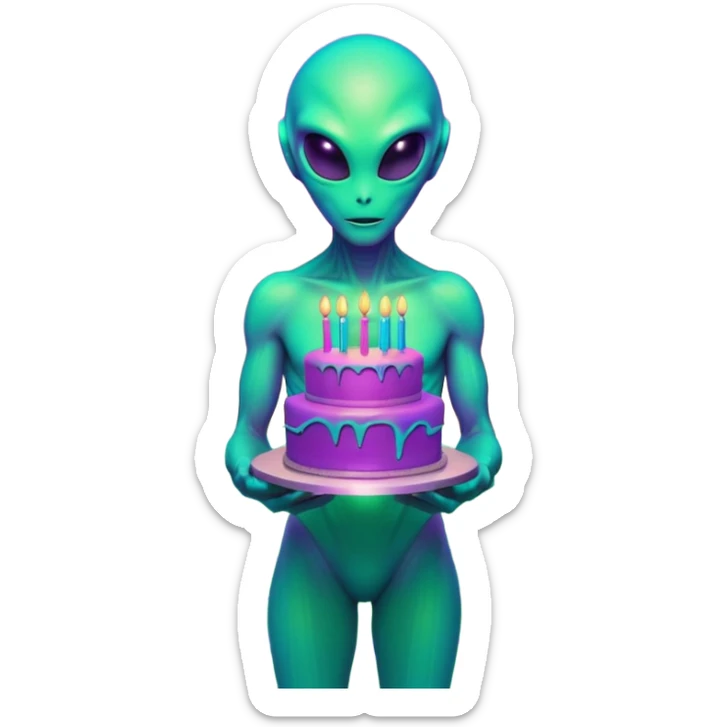 A neon-colored alien holding a holographic birthday cake, 1980s vaporwave aesthetic, grid floor, purple and cyan sunset, glitch effects, synthwave atmosphere, retro futuristic style
 sticker