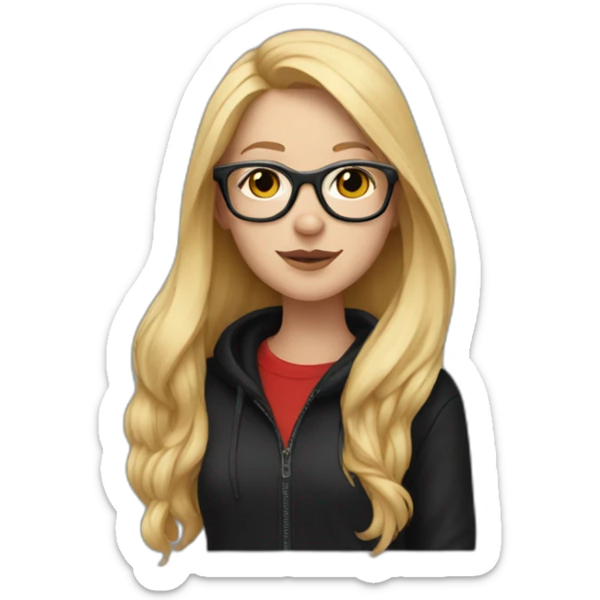 white girl with glasses and long blonde hair and black hoodie and a red doberman sticker